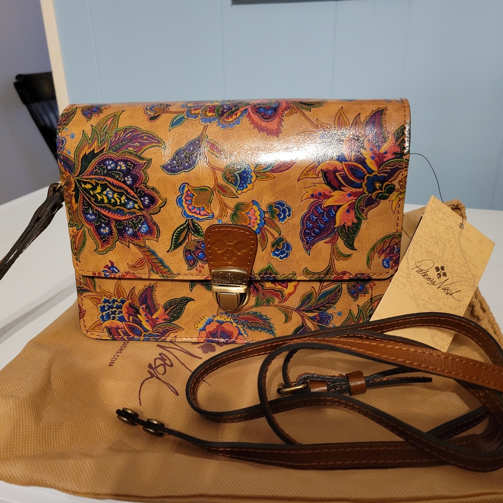 Patricia Nash Brown Crossbody Bag with Floral Design and Adjustable Strap